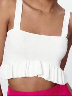 Zara White Ruffle Square Neck Cropped Top Size S